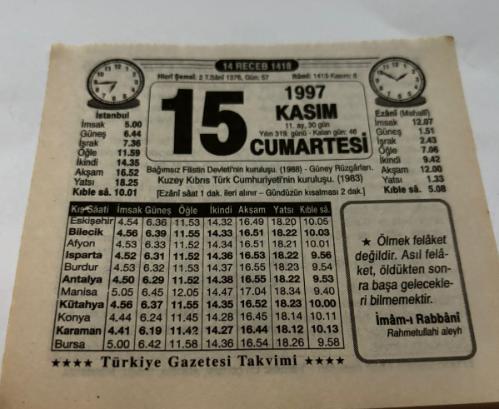 15 Kasım 1997-Orijinal Takvim Yaprağı-Doğum Günü-Söz,Nişan,Nikâh,Düğün ve Önemli Günler Hediyesi-Türkiye Gazetesi Takvimi-Ayet,Hadis (İmam-ı Rabbani)-Bağımsız Filistin Devleti'nin kuruluşu(1988)-Güney Rüzgarları Kuzey Kıbrıs Türk Cumhuriyeti'nin kuruluşu(1983)-Fakir Listesi-Avcının Tüfeği-Erkek:Muhsin,Kız:Neslihan