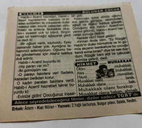 20 Kasım 1997-Orijinal Takvim Yaprağı-Doğum Günü-Söz,Nişan,Nikâh,Düğün ve Önemli Günler Hediyesi-Türkiye Gazetesi Takvimi-Ayet,Hadis (Vergi)-İspala'nın kurutluşu(1922)-Sanayi Haftası-İstanbul Teknik Üniversitesi'nin Açılışı(1944)-Bulunan Çocuk-Muhakkak-Erkek:Adem,Kız:Nuran