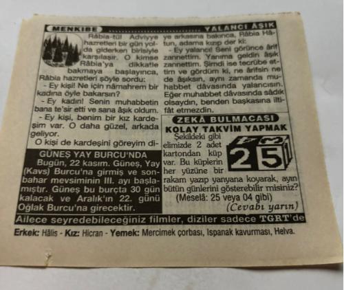 22 Kasım 1997-Orijinal Takvim Yaprağı-Doğum Günü-Söz,Nişan,Nikâh,Düğün ve Önemli Günler Hediyesi-Türkiye Gazetesi Takvimi-Ayet,Hadis (Evzai)-Güneş,Yay(Kavs) Burcu'nda(08.49)-Lozan Konferansı'nın başlaması(1922)-Yalancı Aşık-Kolay Takvim Yapmak-Erkek:Halis,Kız:Hicran