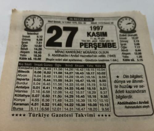 27 Kasım 1997-Orijinal Takvim Yaprağı-Doğum Günü-Söz,Nişan,Nikâh,Düğün ve Önemli Günler Hediyesi-Türkiye Gazetesi Takvimi-Ayet,Hadis (Abdülhakim-i Arvasi)-MİRAC KANDİLİNİZ MÜBAREK OLSUN-S.Abdülhakim-i Arvasi Hazretleri'nin vefatı(1943)-Mi'rac Gecesi-Erkek:ASım,Kız:Zeliha