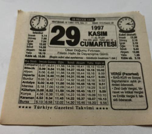 29 Kasım 1997-Orijinal Takvim Yaprağı-Doğum Günü-Söz,Nişan,Nikâh,Düğün ve Önemli Günler Hediyesi-Türkiye Gazetesi Takvimi-Ayet,Hadis (Vergi)-Ülker Doğumu Fırtınası-Filistin Halkı ile Dayanışma Günü-Doktor Bey-Tava-Erkek:Osman,Kız:Nadide