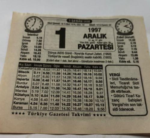 1 Aralık 1997-Orijinal Takvim Yaprağı-Doğum Günü-Söz,Nişan,Nikâh,Düğün ve Önemli Günler Hediyesi-Türkiye Gazetesi Takvimi-Ayet,Hadis (Vergi)-Dünya AİDS Günü-Kore'de Kunuri Zaferi(1950)-Türkiye'de vasati(bugünki) saatin kabulü(1925)-Şa'ban Ayı-AİDS-Erkek:Haşim,Kız:Nazmiye