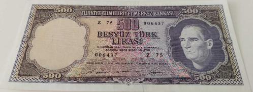 5.EMİSYON 4.TERTİP 500 TÜRK LİRASI KAĞIT PARA Z75 006437 SERİ NUMARALI ÇİLALTI ÇOK NADİRDİR