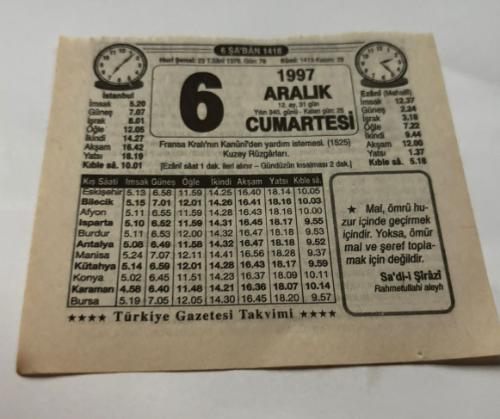 6 Aralık 1997-Orijinal Takvim Yaprağı-Doğum Günü-Söz,Nişan,Nikâh,Düğün ve Önemli Günler Hediyesi-Türkiye Gazetesi Takvimi-Ayet,Hadis (Sa'di-i Şirazi)-Fransa Kralı'nın Kanuni'den yardım istemesi(1525)-Kuzey Rüzgarları-Köpek mi Bebek mi-Bir Denklem-Erkek:Zinnur,Kız:Zeyneb