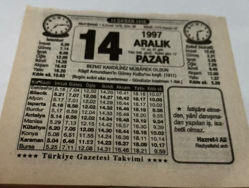 14 Aralık 1997-Orijinal Takvim Yaprağı-Doğum Günü-Söz,Nişan,Nikâh,Düğün ve Önemli Günler Hediyesi-Türkiye Gazetesi Takvimi-Ayet,Hadis (Hazret-i Ali)-BERAT KANDİLİNİZ MÜBAREK OLSUN- Kaşif Amundsen'in Güney Kutbu'nu keşfi(1911)-Berat Gecesi-Erkek:Esat,Kız:Cahide