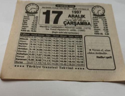17 Aralık 1997-Orijinal Takvim Yaprağı-Doğum Günü-Söz,Nişan,Nikâh,Düğün ve Önemli Günler Hediyesi-Türkiye Gazetesi Takvimi-Ayet,Hadis (Hadis-i Şerif)-Mevlana Celaleddin-i Rumi'nin vefatı(1273)-İsa Yusuf Alptekin'in vefatı(1995)-İsa Yusuf Alptekin-Kirlilikle Mücadele-Erkek:Mükremin,Kız:Neriman
