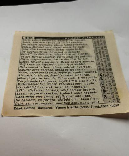 28 Aralık 1997-Orijinal Takvim Yaprağı-Doğum Günü-Söz,Nişan,Nikâh,Düğün ve Önemli Günler Hediyesi-Türkiye Gazetesi Takvimi-Ayet,Hadis (Hadis-i Şerif)-İstanbul-İzmit Anadolu Otoyolu'nun açılışı(1984)-İskenderun Demir-Çelik Fabrikası'nın açılışı(1975)-Kıyamet Alametleri-Erkek:Selman,Kız:Semra