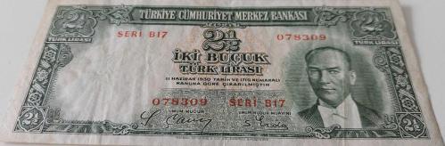2.EMİSYON 1.TERTİP 2,5 İKİ BUÇUK TÜRK LİRASI SERİ B17 078309 NOLU NATÜREL ÇOK ÇOK TEMİZ KAĞIT PARA EN NADİRİ