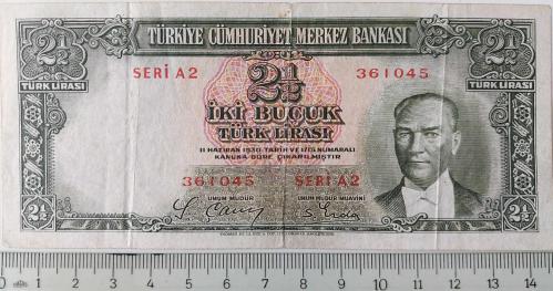 2.EMİSYON 1.TERTİP 2,5 İKİ BUÇUK TÜRK LİRASI SERİ A2 361045 NOLU NATÜREL ÇOK ÇOK TEMİZ KAĞIT PARA EN NADİRİ