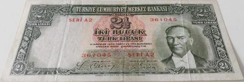 2.EMİSYON 1.TERTİP 2,5 İKİ BUÇUK TÜRK LİRASI SERİ A2 361045 NOLU NATÜREL ÇOK ÇOK TEMİZ KAĞIT PARA EN NADİRİ