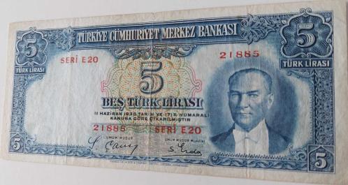 2.EMİSYON 1.TERTİP 5 BEŞ TÜRK LİRASI SERİ E20 21885 NOLU NATÜREL KAĞIT PARA EN NADİRİ