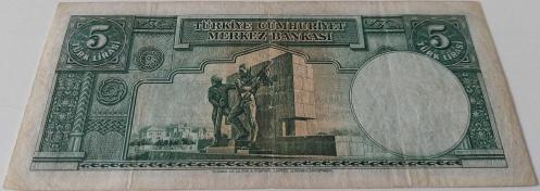 2.EMİSYON 1.TERTİP 5 BEŞ TÜRK LİRASI SERİ E20 21885 NOLU NATÜREL KAĞIT PARA EN NADİRİ