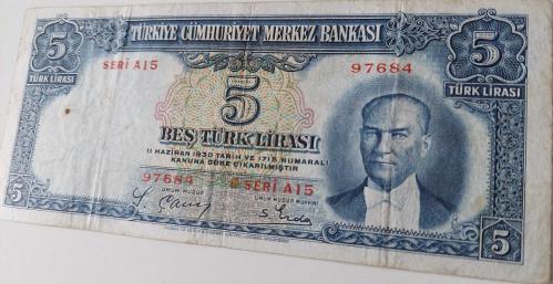 2.EMİSYON 1.TERTİP 5 BEŞ TÜRK LİRASI SERİ A15 97684 NOLU NATÜREL KAĞIT PARA EN NADİRİ