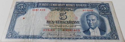2.EMİSYON 1.TERTİP 5 BEŞ TÜRK LİRASI SERİ A15 97684 NOLU NATÜREL KAĞIT PARA EN NADİRİ