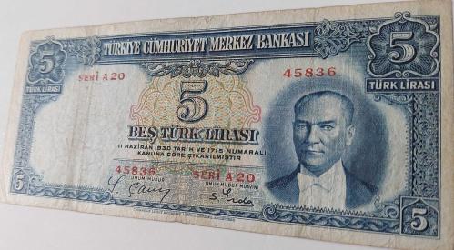 2.EMİSYON 1.TERTİP 5 BEŞ TÜRK LİRASI SERİ A20 45836 NOLU NATÜREL KAĞIT PARA EN NADİRİ