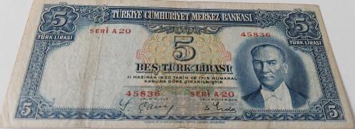 2.EMİSYON 1.TERTİP 5 BEŞ TÜRK LİRASI SERİ A20 45836 NOLU NATÜREL KAĞIT PARA EN NADİRİ