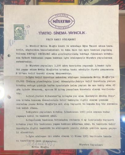 Miyatro Tiyatrosu Metin Eloğlu İmzalı Telif Hakkı Sözleşmesi