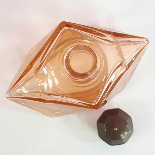 ANTİKA AVRUPA ART DECO , PİRİNÇ KAPAKLI SOMON RENKLİ KRİSTAL CAM PARFÜM ŞİŞESİ