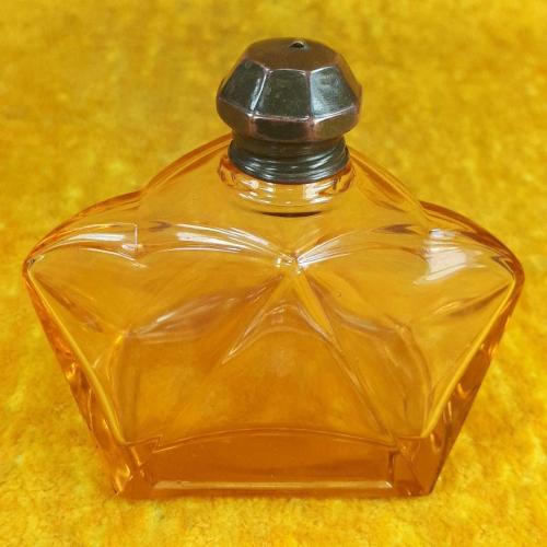 ANTİKA AVRUPA ART DECO , PİRİNÇ KAPAKLI SOMON RENKLİ KRİSTAL CAM PARFÜM ŞİŞESİ