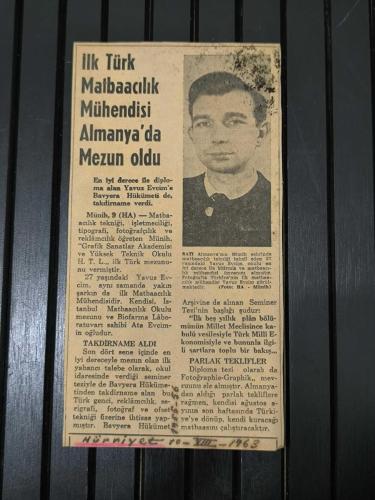 LOT.11 » İlk Türk Matbaacılık Mühendisi | 1963 Gazete Kupürü | Yavuz Evcim | Almanya Mezuniyet Haberi