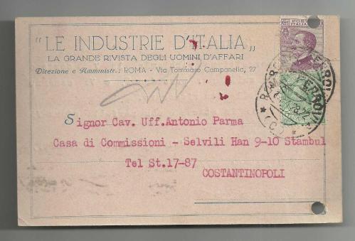 PARMA KOMİSYON EVİ'NE İTALYA'DAN GELEN POSTA KARTI...