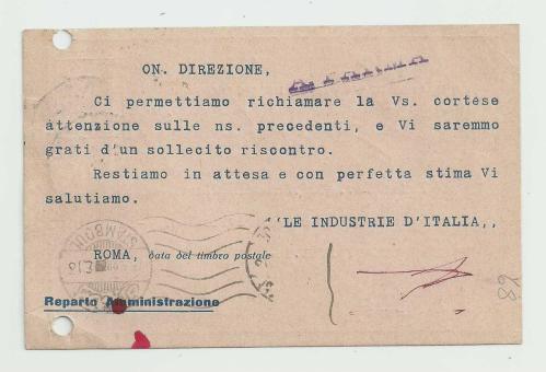 PARMA KOMİSYON EVİ'NE İTALYA'DAN GELEN POSTA KARTI...