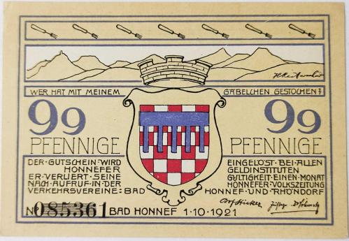 1921 Almanya Asırlık Notgeld 99 Pfenning..