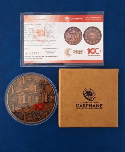 TÜRKİYE CUMHURİYETİ'NİN 100.YILI BRONZ HATIRA PARASI / SERTİFİKALI