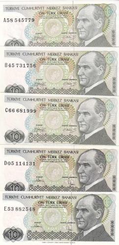 TÜRKİYE CUMHURİYETİ 7. EMİSYON 500 LİRA SERİ A58,/B45/,C66,/D05,/E53  HARF TAKIMI ÇİL