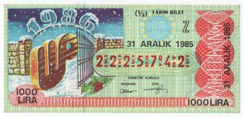 1985 Yılı Milli Piyango Yarım Bilet 7. Emisyon 10 TL Filigranlı