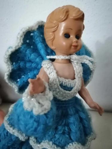 ÖRGÜ ELBİSELİ ANTİKA SELÜLOİT BEBEK UYUR, ÇOK GÜZEL BOY 23 cm