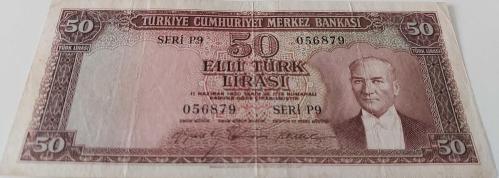 5.EMİSYON 3.TERTİP 50 TÜRK LİRASI SERİ P9 056879 SERİ NUMARALI KAĞIT PARA (GÜL KURUSU) NATÜREL ÇOK ÇOK TEMİZ KATALOK;3.000 DOLAR EN NADİRİ