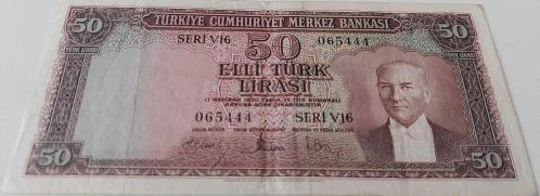 5.EMİSYON 4.TERTİP 50 TÜRK LİRASI SERİ V16 065444 SERİ NUMARALI KAĞIT PARA NATÜREL ÇOK ÇOK TEMİZ EMİSYONUNUN NADİRİDİR