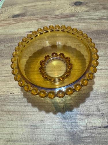 Vintage Amber Rengi Boncuklu Cam Şekerlik Sunum Kasesi Çapı 17 cm