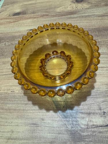 Vintage Amber Rengi Boncuklu Cam Şekerlik Sunum Kasesi Çapı 17 cm