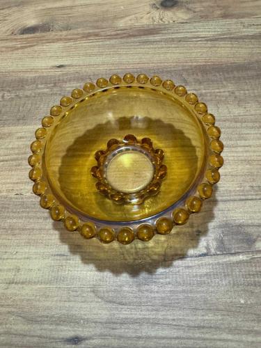 Vintage Amber Rengi Boncuklu Cam Şekerlik Sunum Kasesi Çapı 17 cm