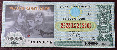 MİLLİ PİYANGO 9 ŞUBAT 2001 ALTIN KANATLAR ÇEYREK BİLET (G)    NOT : KAT İZİ VAR