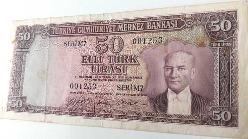 5.EMİSYON 2.TERTİP 50 TÜRK LİRASI SERİ M7 001253 SERİ NUMARALI KAĞIT PARA EN NADİRİ NATÜREL KONDİSYONUNDAKİ KATALOK DEĞERİ;1200 DOLAR ÇOK NADİR