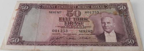 5.EMİSYON 2.TERTİP 50 TÜRK LİRASI SERİ M7 001253 SERİ NUMARALI KAĞIT PARA EN NADİRİ NATÜREL KONDİSYONUNDAKİ KATALOK DEĞERİ;1200 DOLAR ÇOK NADİR