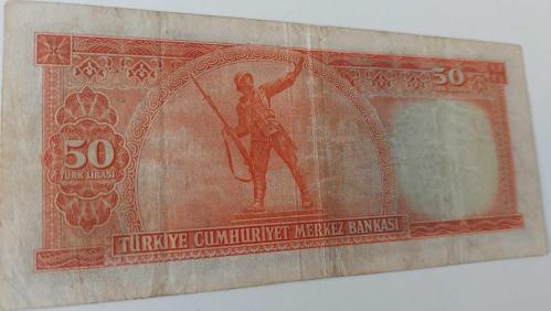5.EMİSYON 2.TERTİP 50 TÜRK LİRASI SERİ M9 002593 SERİ NUMARALI KAĞIT PARA EN NADİRİ NATÜREL KONDİSYONUNDAKİ KATALOK DEĞERİ;1300 DOLAR ÇOK NADİR