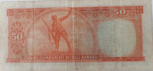 5.EMİSYON 2.TERTİP 50 TÜRK LİRASI SERİ M9 002593 SERİ NUMARALI KAĞIT PARA EN NADİRİ NATÜREL KONDİSYONUNDAKİ KATALOK DEĞERİ;1300 DOLAR ÇOK NADİR