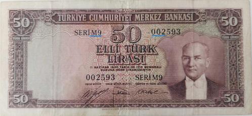 5.EMİSYON 2.TERTİP 50 TÜRK LİRASI SERİ M9 002593 SERİ NUMARALI KAĞIT PARA EN NADİRİ NATÜREL KONDİSYONUNDAKİ KATALOK DEĞERİ;1300 DOLAR ÇOK NADİR