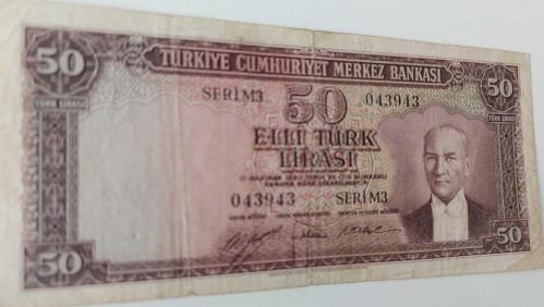 5.EMİSYON 2.TERTİP 50 TÜRK LİRASI SERİ M3 043943 SERİ NUMARALI KAĞIT PARA EN NADİRİ NATÜREL KONDİSYONUNDAKİ KATALOK DEĞERİ;900 DOLAR ÇOK NADİR