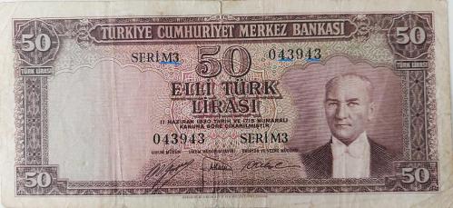 5.EMİSYON 2.TERTİP 50 TÜRK LİRASI SERİ M3 043943 SERİ NUMARALI KAĞIT PARA EN NADİRİ NATÜREL KONDİSYONUNDAKİ KATALOK DEĞERİ;900 DOLAR ÇOK NADİR