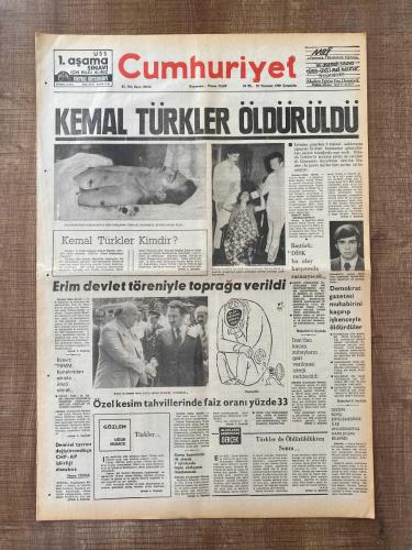 CUMHURİYET - DİSK BAŞKANI KEMAL TÜRKLER CİNAYETİ GAZETELERİ