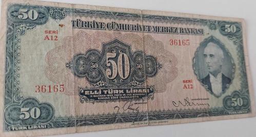 3.EMİSYON 2.TERTİP 50 ELLİ TÜRK LİRASI SERİ A12 36165 NATÜREL KAĞIT PARA PAPYONLU EN NADİRİ