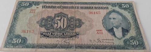 3.EMİSYON 2.TERTİP 50 ELLİ TÜRK LİRASI SERİ A12 36165 NATÜREL KAĞIT PARA PAPYONLU EN NADİRİ