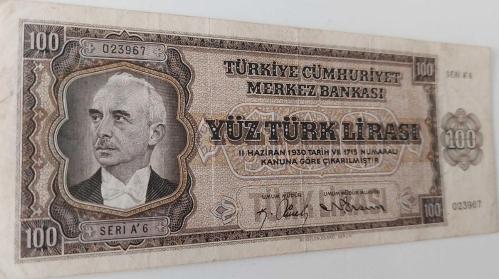 3.EMİSYON 1.TERTİP 100 YÜZ TÜRK LİRASI SERİ A6 023967 NATÜREL KAĞIT PARA EN NADİRİ