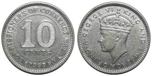 Malaya 1939 Yılı 10 Cent Gümüş ÇİL