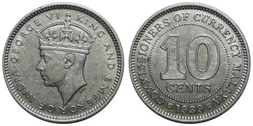Malaya 1939 Yılı 10 Cent Gümüş ÇİL